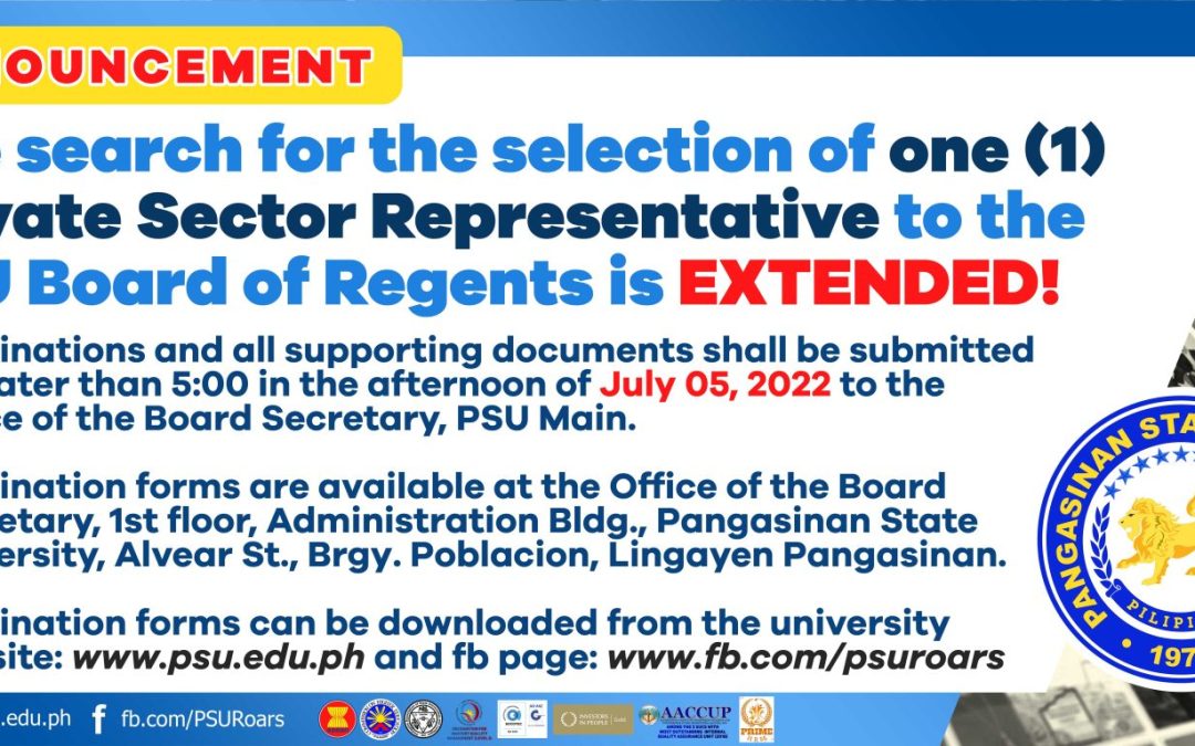 The search for the selection of one (1) Private Sector Representative to the PSU Board of Regents is EXTENDED